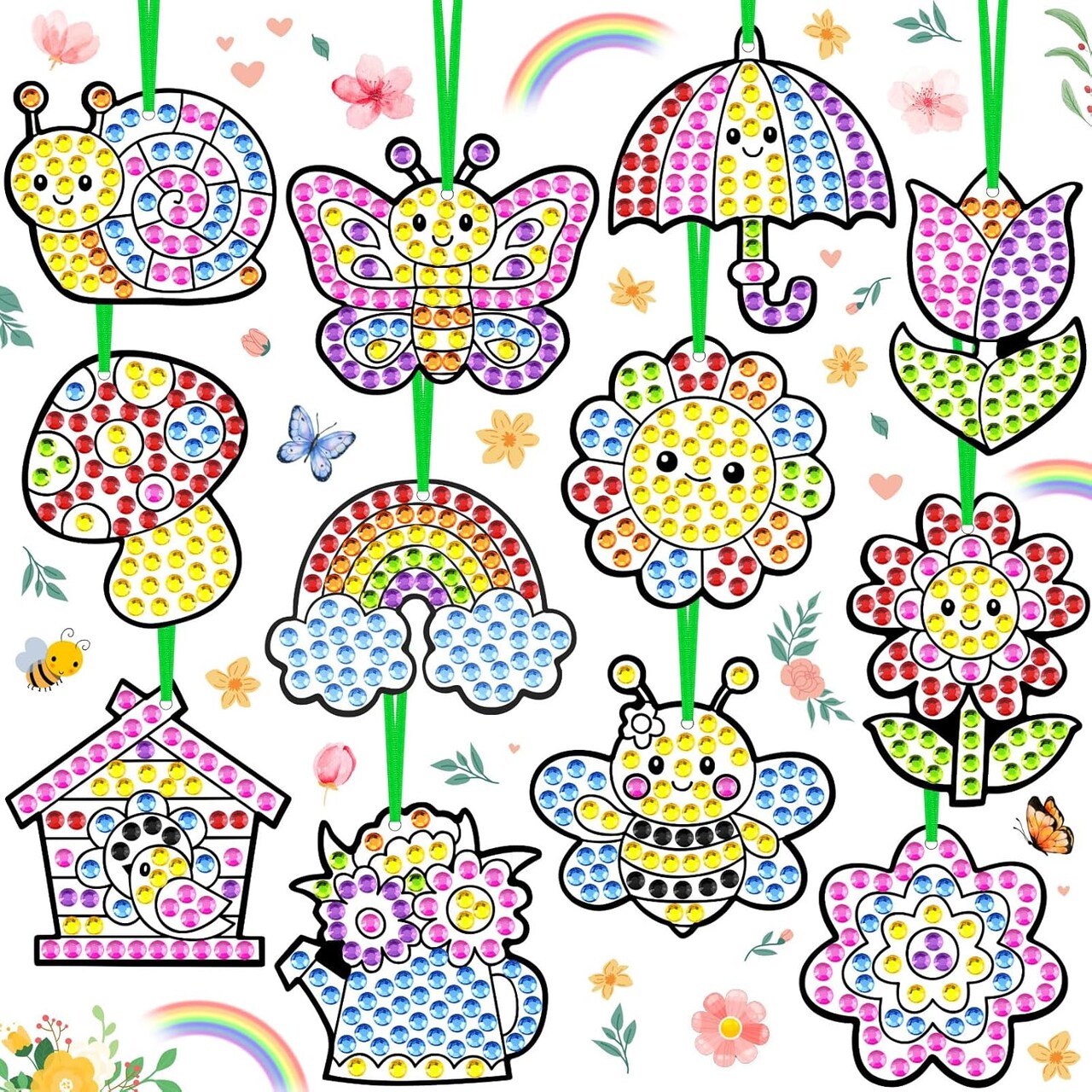 Spring Arts Activity Crafts DIY Spring Suncatcher Ornament Kits Butterfly Flower Gem Diamond Art Craft with Gemstone Stickers and Ribbons for Home Party Decor School Classroom Activities